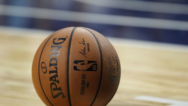 A general view of an NBA basketball during a game involving tghe Milwaukee Bucks and Brooklyn Nets.